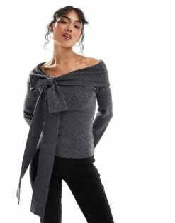 Pretty Lavish Bardot Bow Knitted Top In Grey For Women -Pretty Lavi Clothing Shop 207187230 1 grey 1