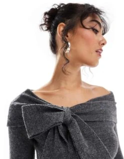 Pretty Lavish Bardot Bow Knitted Top In Grey For Women -Pretty Lavi Clothing Shop 207187230 3