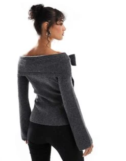 Pretty Lavish Bardot Bow Knitted Top In Grey For Women -Pretty Lavi Clothing Shop 207187230 4