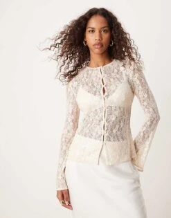 Pretty Lavish Sequin Lace Cardigan In Oyster For Women
