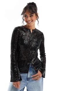 Pretty Lavish Sequin Lace Cardigan In Black For Women