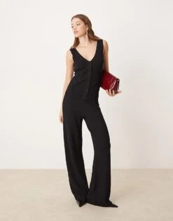 Pretty Lavish Crochet Waistcoat And Flare Trouser Co-ord In Black