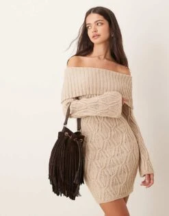 Pretty Lavish Cable Bardot Knit Mini Dress In Taupe For Women -Pretty Lavi Clothing Shop 207341952 3