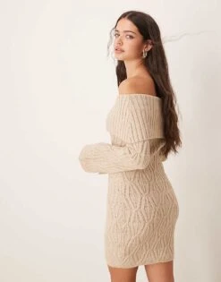 Pretty Lavish Cable Bardot Knit Mini Dress In Taupe For Women -Pretty Lavi Clothing Shop 207341952 4