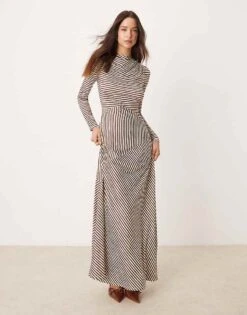 Pretty Lavish Asymmetric Stripe Maxi Dress In Brown For Women Brown & Cream -Pretty Lavi Clothing Shop 207342008 1 browncream 1