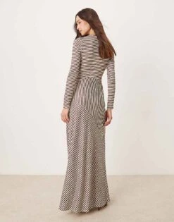 Pretty Lavish Asymmetric Stripe Maxi Dress In Brown For Women Brown & Cream -Pretty Lavi Clothing Shop 207342008 3