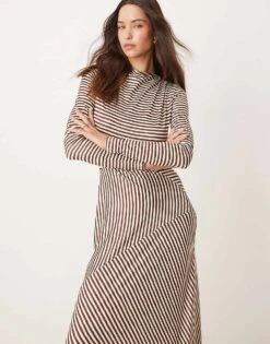 Pretty Lavish Asymmetric Stripe Maxi Dress In Brown For Women Brown & Cream -Pretty Lavi Clothing Shop 207342008 4