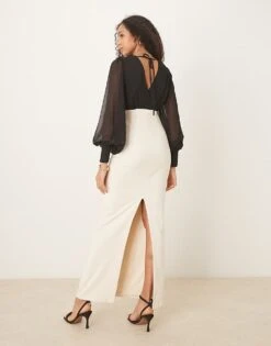 Pretty Lavish Balloon Sleeve Contrast Maxi Dress In Black And White For Women Black & Cream -Pretty Lavi Clothing Shop 207342016 2