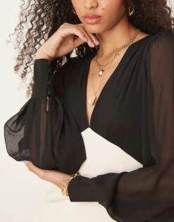 Pretty Lavish Balloon Sleeve Contrast Maxi Dress In Black And White For Women Black & Cream -Pretty Lavi Clothing Shop 207342016 3