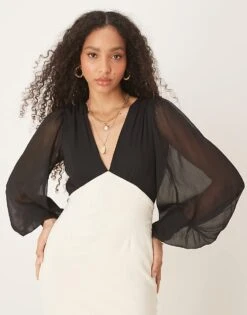 Pretty Lavish Balloon Sleeve Contrast Maxi Dress In Black And White For Women Black & Cream -Pretty Lavi Clothing Shop 207342016 4