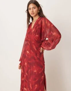 Pretty Lavish Balloon Sleeve Midaxi Dress In Red Print For Women -Pretty Lavi Clothing Shop 207342032 1 red 1