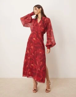 Pretty Lavish Balloon Sleeve Midaxi Dress In Red Print For Women -Pretty Lavi Clothing Shop 207342032 2