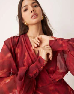 Pretty Lavish Balloon Sleeve Midaxi Dress In Red Print For Women -Pretty Lavi Clothing Shop 207342032 3