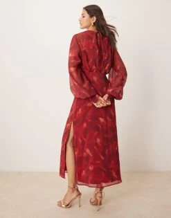 Pretty Lavish Balloon Sleeve Midaxi Dress In Red Print For Women -Pretty Lavi Clothing Shop 207342032 4