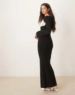 Pretty Lavish Contrast Knit Maxi Dress In Black For Women -Pretty Lavi Clothing Shop 207342046 3