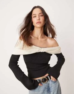 Pretty Lavish Twist Contrast Bardot Knit Top In Black For Women