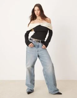 Pretty Lavish Twist Contrast Bardot Knit Top In Black For Women -Pretty Lavi Clothing Shop 207342074 3