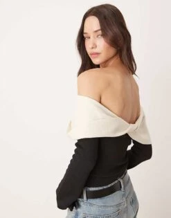 Pretty Lavish Twist Contrast Bardot Knit Top In Black For Women -Pretty Lavi Clothing Shop 207342074 4