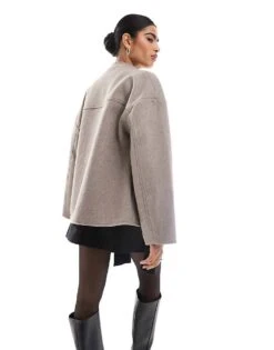 Pretty Lavish Felted Button Jacket In Taupe For Women Grey -Pretty Lavi Clothing Shop 207342217 3