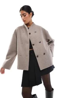 Pretty Lavish Felted Button Jacket In Taupe For Women Grey -Pretty Lavi Clothing Shop 207342217 4