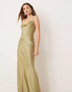 Pretty Lavish Bridesmaid Keisha Cowl Neck Satin Maxi Dress In Olive For Women