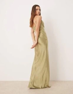 Pretty Lavish Bridesmaid Keisha Cowl Neck Satin Maxi Dress In Olive For Women -Pretty Lavi Clothing Shop 207433682 4
