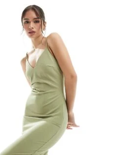 Pretty Lavish Bridesmaid Crepe Cami Maxi Dress In Olive For Women -Pretty Lavi Clothing Shop 207433683 2