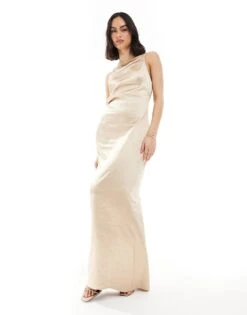 Pretty Lavish Bridesmaid Satin Boat Neck Maxi Dress In Matte Gold For Women -Pretty Lavi Clothing Shop 207433692 1 mattegold 1