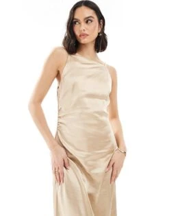 Pretty Lavish Bridesmaid Satin Boat Neck Maxi Dress In Matte Gold For Women -Pretty Lavi Clothing Shop 207433692 3