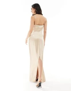Pretty Lavish Bridesmaid Satin Boat Neck Maxi Dress In Matte Gold For Women -Pretty Lavi Clothing Shop 207433692 4
