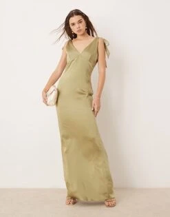 Pretty Lavish Bridesmaid Tie Shoulder Satin Maxi Dress In Olive For Women -Pretty Lavi Clothing Shop 207433702 1 olive 1
