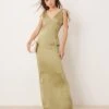 Pretty Lavish Bridesmaid Tie Shoulder Satin Maxi Dress In Olive For Women