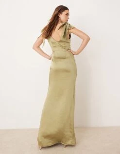 Pretty Lavish Bridesmaid Tie Shoulder Satin Maxi Dress In Olive For Women -Pretty Lavi Clothing Shop 207433702 4