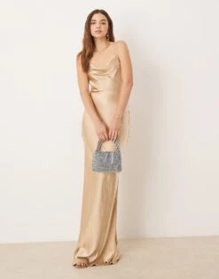 Pretty Lavish Bridesmaid Keisha Cowl Neck Satin Maxi Dress In Matte Gold For Women