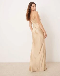 Pretty Lavish Bridesmaid Keisha Cowl Neck Satin Maxi Dress In Matte Gold For Women -Pretty Lavi Clothing Shop 207433710 4