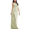 Pretty Lavish Bridesmaid Satin Boat Neck Maxi Dress In Olive For Women