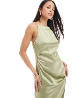 Pretty Lavish Bridesmaid Satin Boat Neck Maxi Dress In Olive For Women -Pretty Lavi Clothing Shop 207433745 3