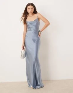 Pretty Lavish Bridesmaid Keisha Cowl Neck Satin Maxi Dress In Dusty Blue For Women -Pretty Lavi Clothing Shop 207433763 4
