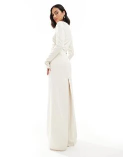 Pretty Lavish Bridesmaid Long Sleeve Square Neck Crepe Maxi Dress In Gold For Women -Pretty Lavi Clothing Shop 207433764 4