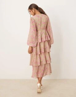 Pretty Lavish Long Sleeve Ruffle Midaxi Dress In Green And Fuchsia Floral For Women Green & Fuchsia -Pretty Lavi Clothing Shop 207630345 3