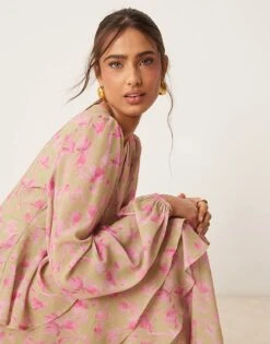 Pretty Lavish Long Sleeve Ruffle Midaxi Dress In Green And Fuchsia Floral For Women Green & Fuchsia -Pretty Lavi Clothing Shop 207630345 4