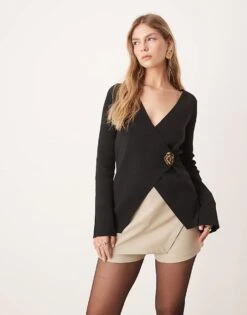 Pretty Lavish Asymmetric Knit Longline Cardigan In Black For Women