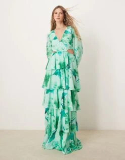 Pretty Lavish Cut Out Tiered Ruffle Maxi Dress In Green Floral Print For Women -Pretty Lavi Clothing Shop 207630447 1 greenfloral 1
