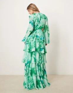 Pretty Lavish Cut Out Tiered Ruffle Maxi Dress In Green Floral Print For Women -Pretty Lavi Clothing Shop 207630447 3