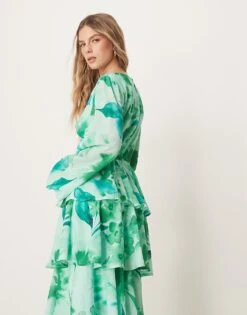 Pretty Lavish Cut Out Tiered Ruffle Maxi Dress In Green Floral Print For Women -Pretty Lavi Clothing Shop 207630447 4