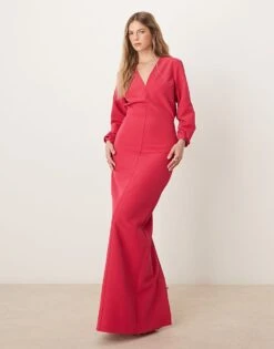 Pretty Lavish Long Sleeve Plunge Maxi Dress In Fuchsia For Women -Pretty Lavi Clothing Shop 207630448 1 fuchsia 1