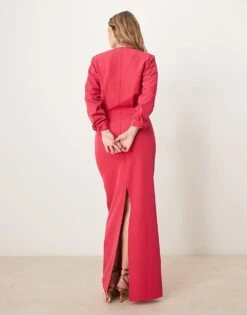 Pretty Lavish Long Sleeve Plunge Maxi Dress In Fuchsia For Women -Pretty Lavi Clothing Shop 207630448 3