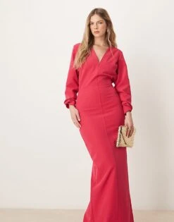 Pretty Lavish Long Sleeve Plunge Maxi Dress In Fuchsia For Women -Pretty Lavi Clothing Shop 207630448 4