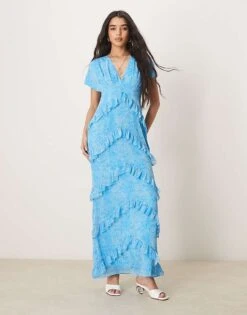 Pretty Lavish Chiffon Ruffle Maxi Dress In Abstract Blue Floral For Women
