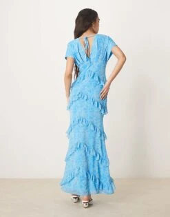 Pretty Lavish Chiffon Ruffle Maxi Dress In Abstract Blue Floral For Women -Pretty Lavi Clothing Shop 207630465 3